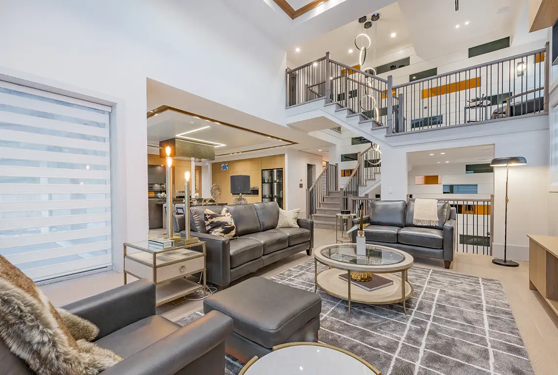 Modern open living room with leather furniture