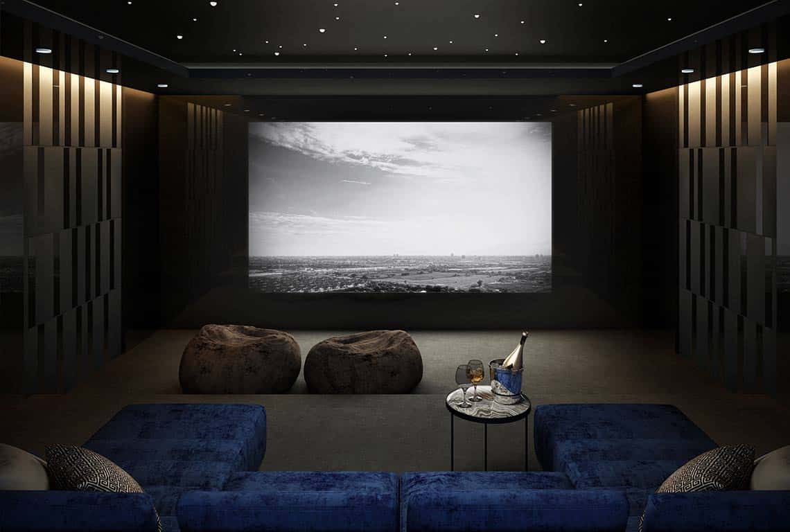 Luxury home theater with large screen and seating