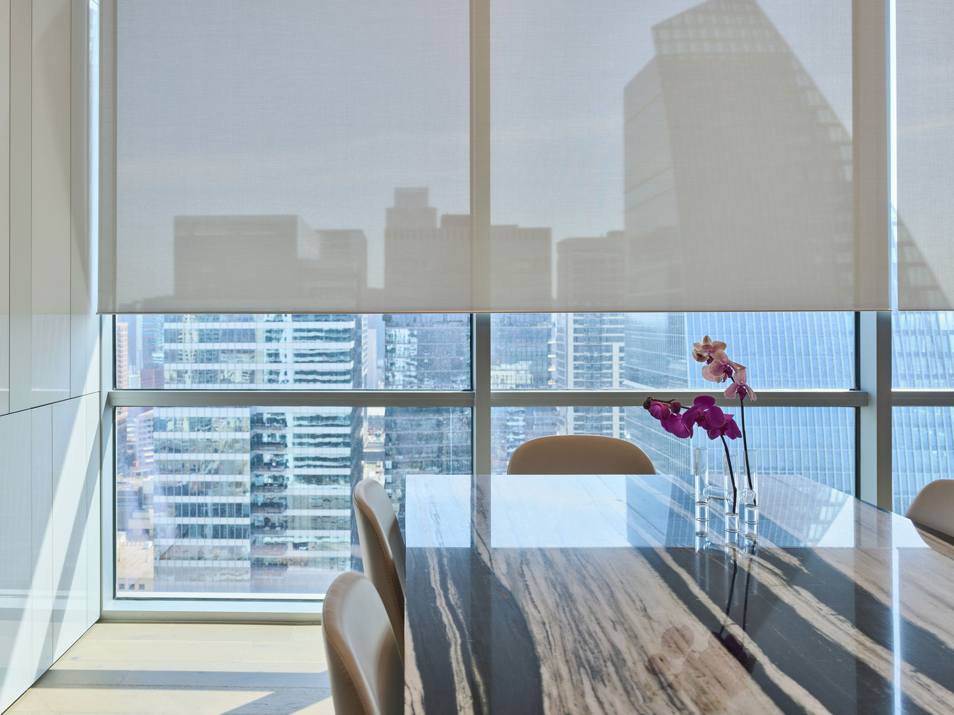 Modern conference room with city skyline view