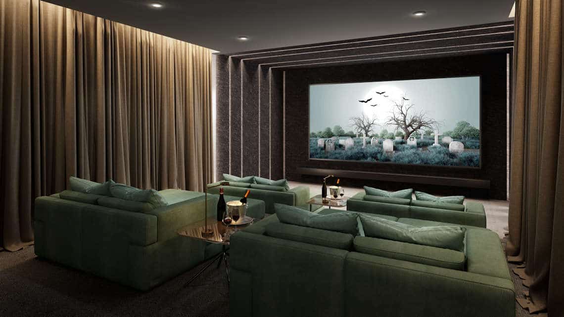 Luxury home theater with large screen and sofas