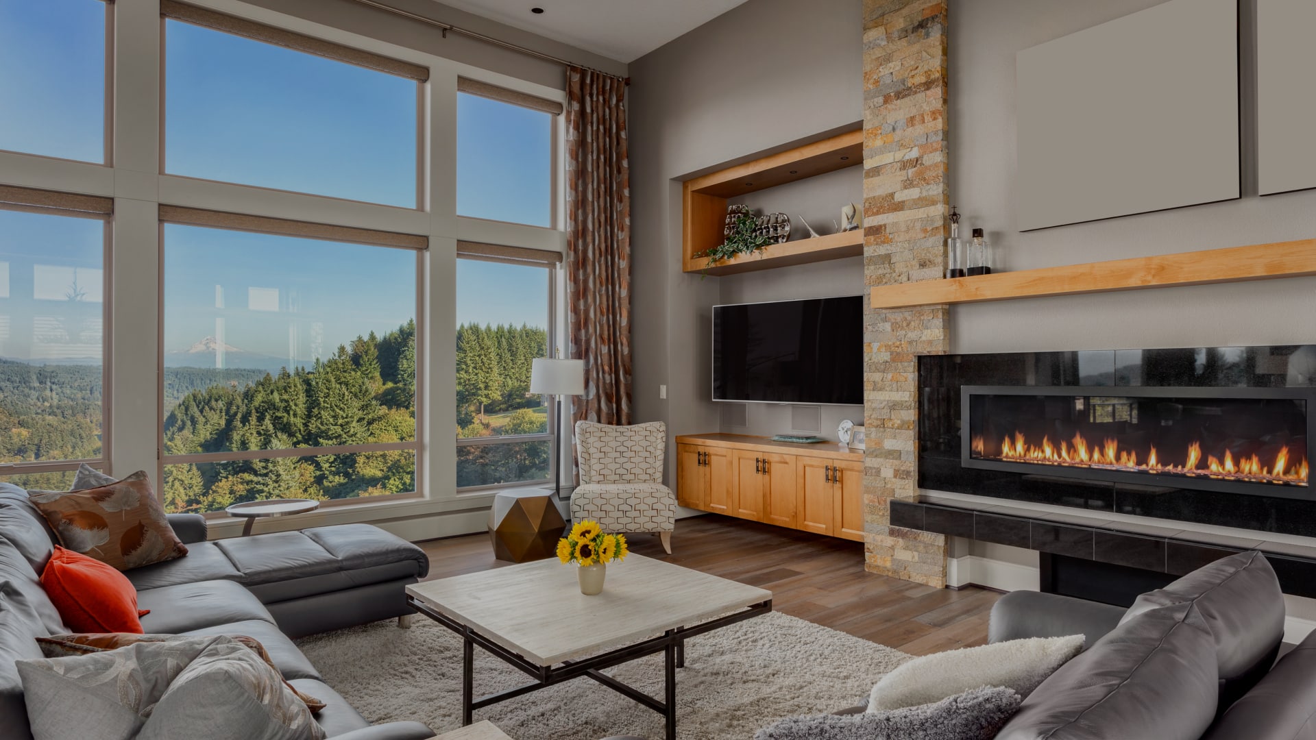 Modern living room with fireplace and scenic view