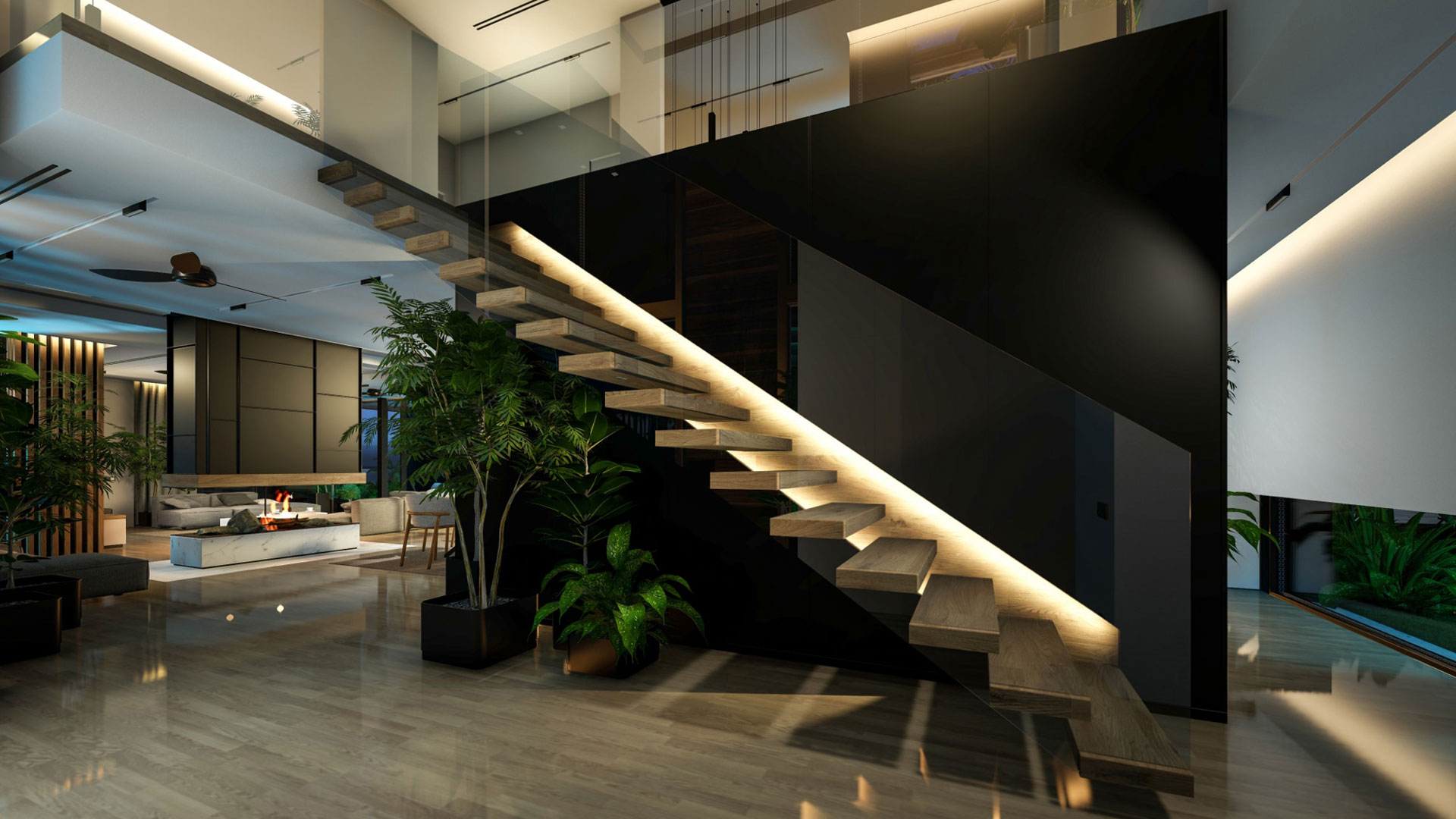 Modern living room with floating wooden staircase