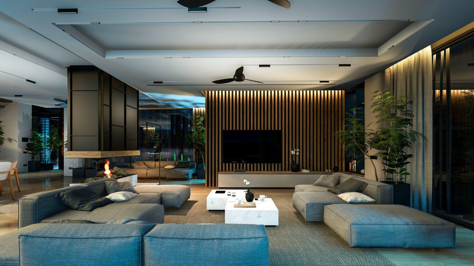 Modern living room with sofas and fireplace