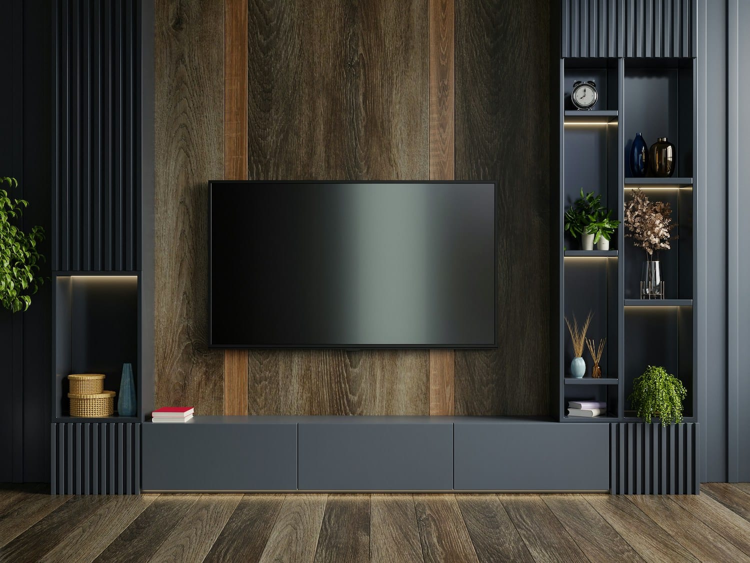 Modern living room with TV and wooden wall panel