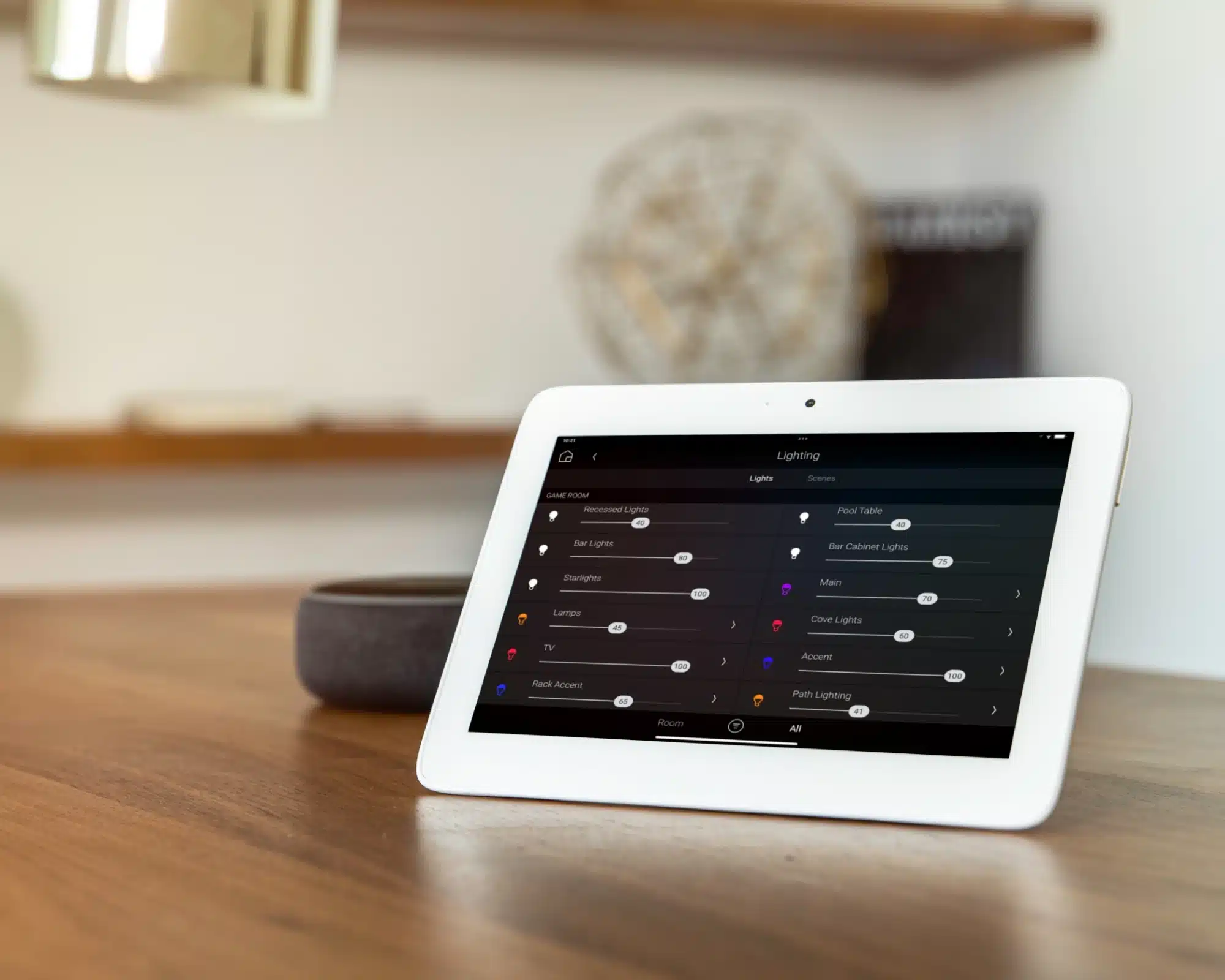 Tablet displaying smart home lighting controls