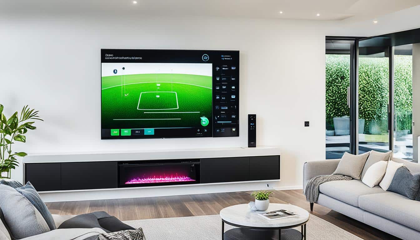Modern living room with large smart TV display
