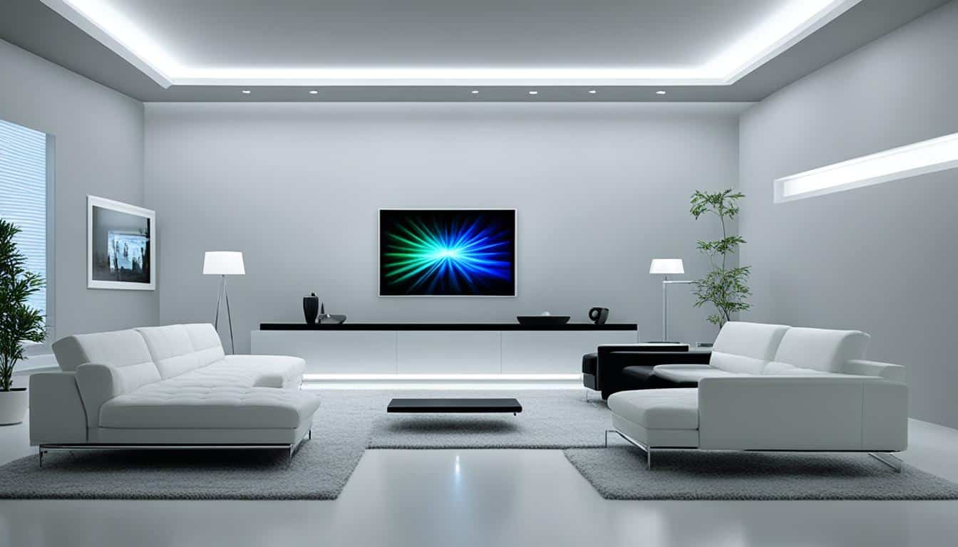 Modern minimalist living room with white sofas and TV