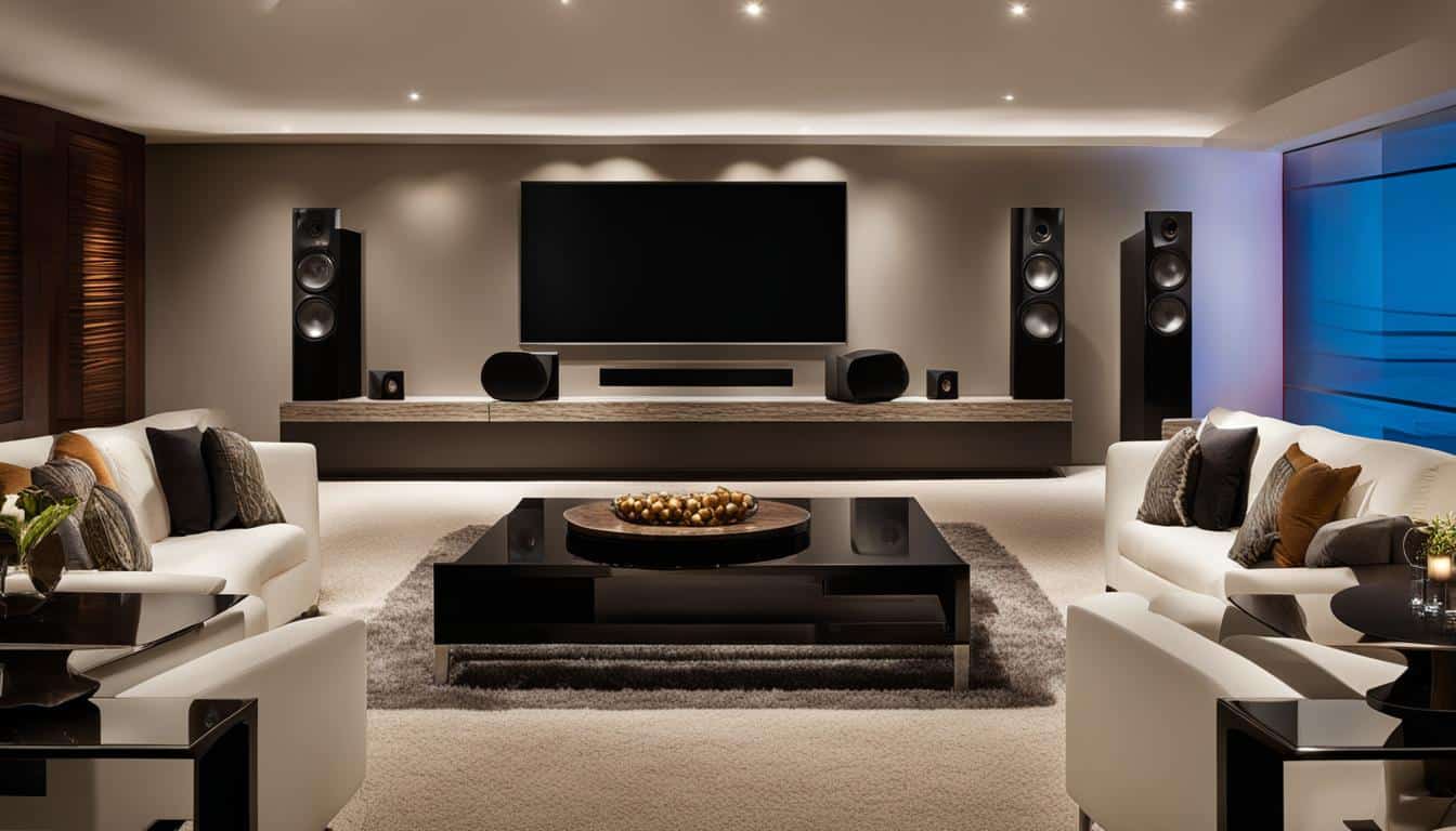 Modern home theater with large TV and speakers