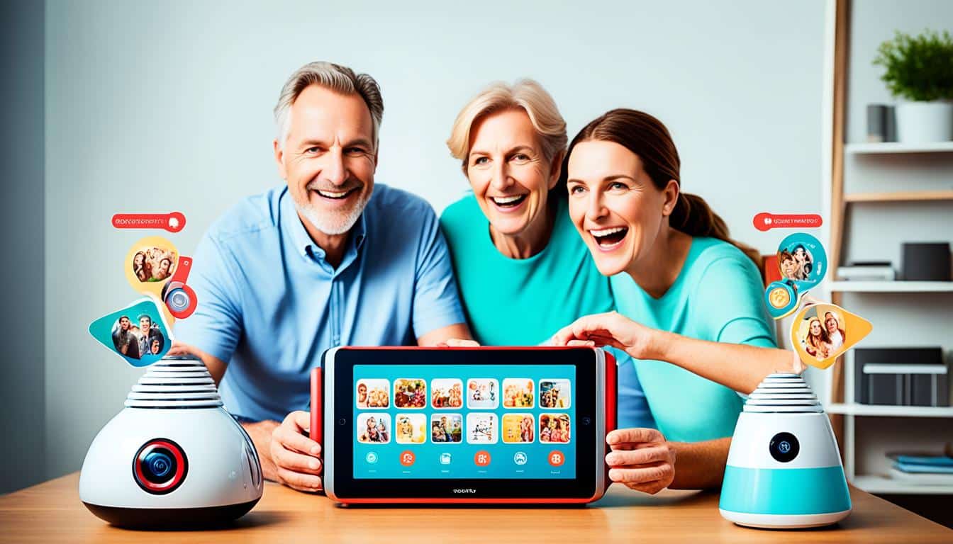 Family enjoying photos on digital tablet together